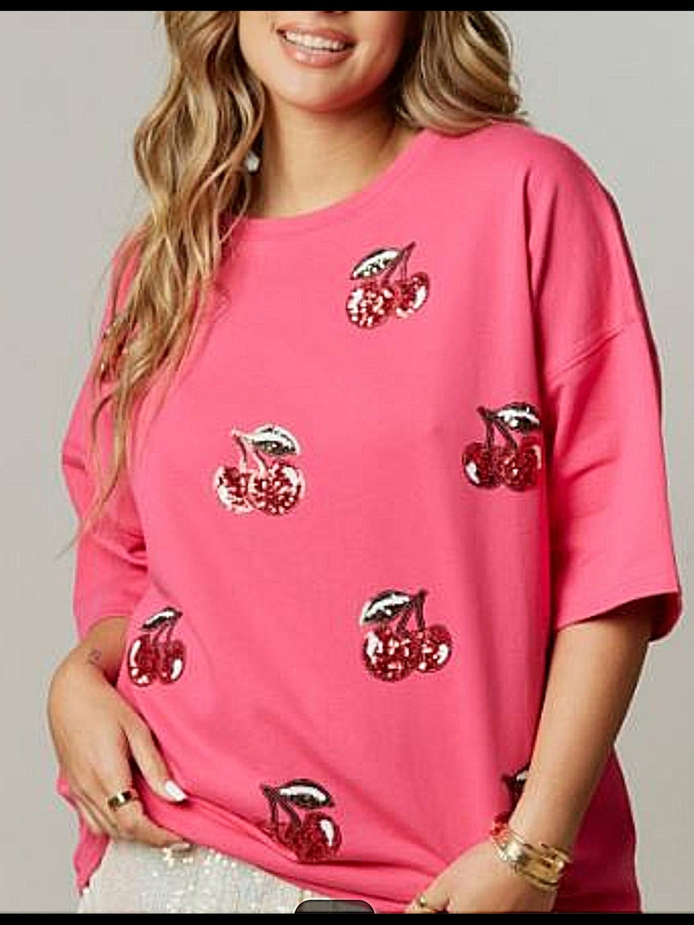 New Peach Love Magenta Pink Cherry Sequin Embroidered Tee Size Medium Oversized